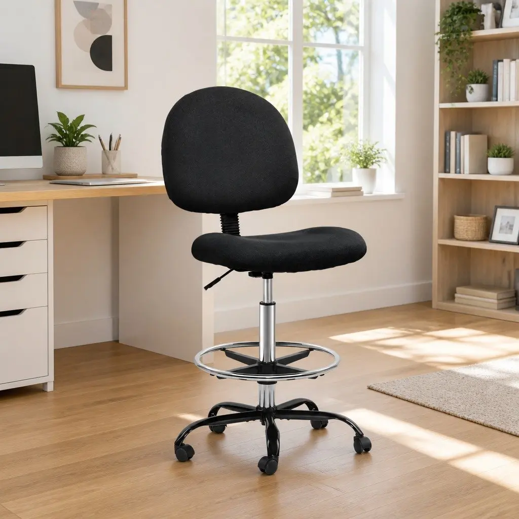 Adjustable Height Drafting Stool in Black Fabric