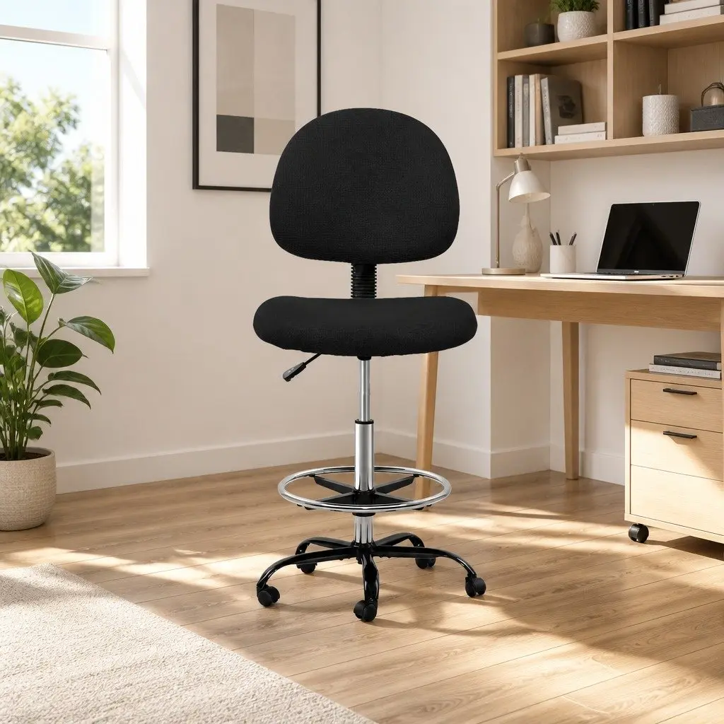 Adjustable Height Drafting Stool in Black Fabric