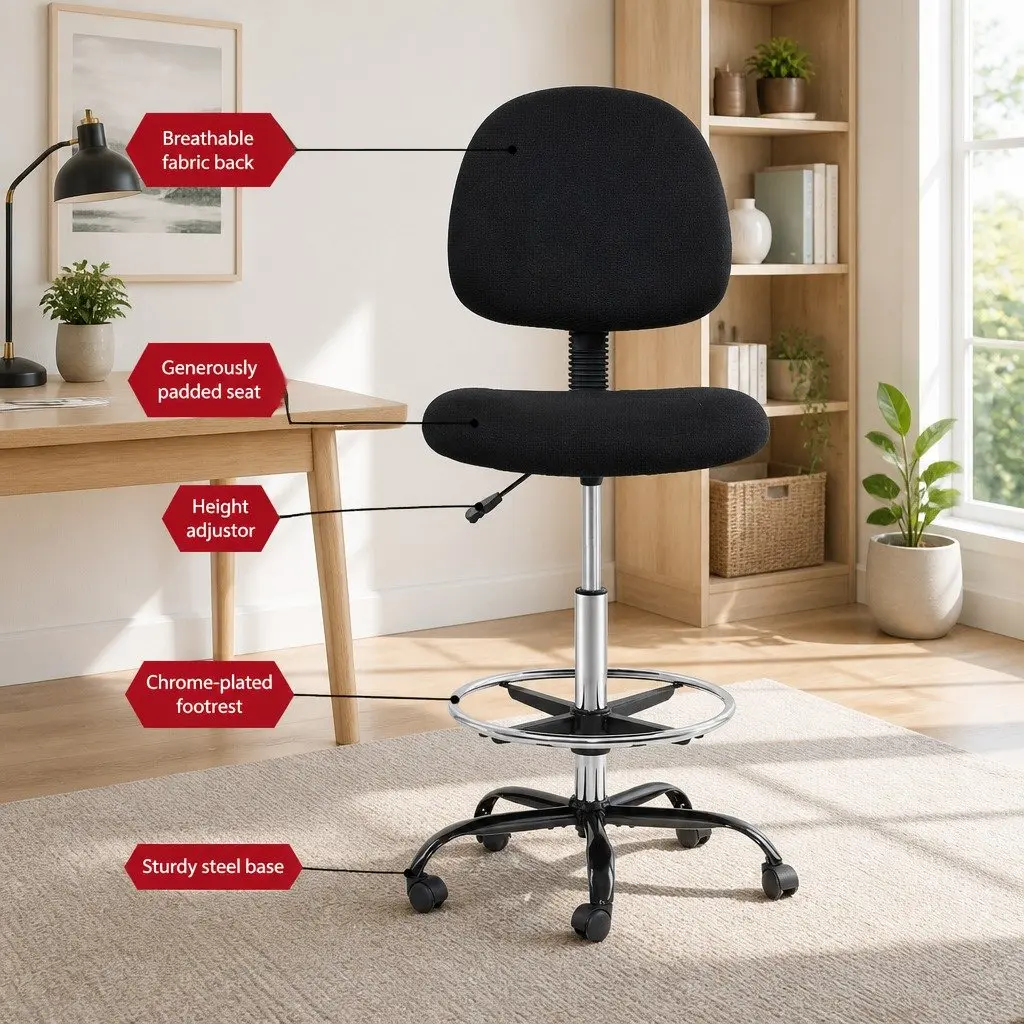 Adjustable Height Drafting Stool in Black Fabric