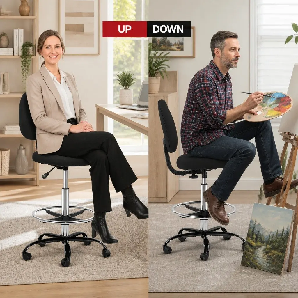 Adjustable Height Drafting Stool in Black Fabric