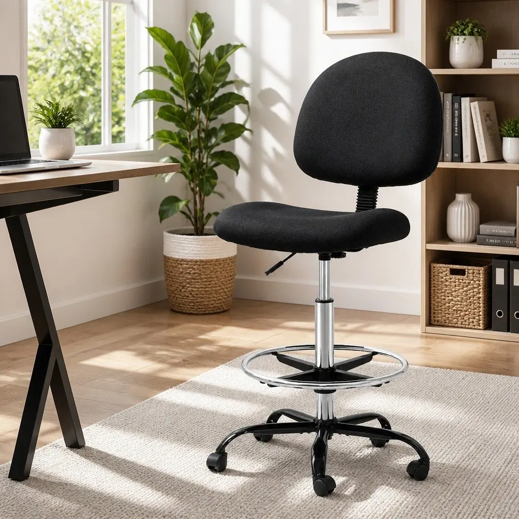 Adjustable Height Drafting Stool in Black Fabric