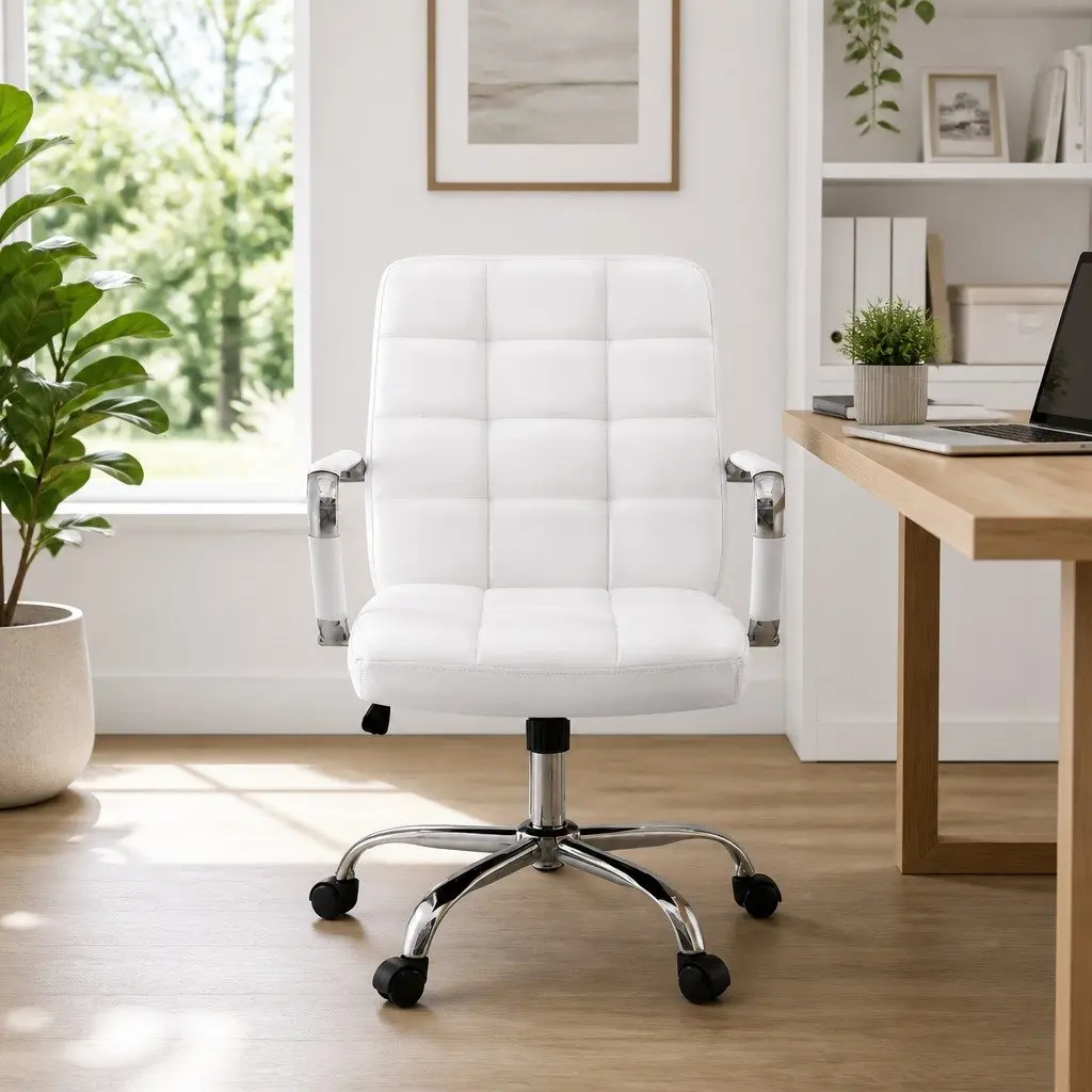 Office Chair White PU Leather Mid-Back Ergonomic Computer Desk Seat