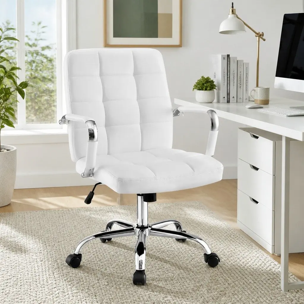 Office Chair White PU Leather Mid-Back Ergonomic Computer Desk Seat