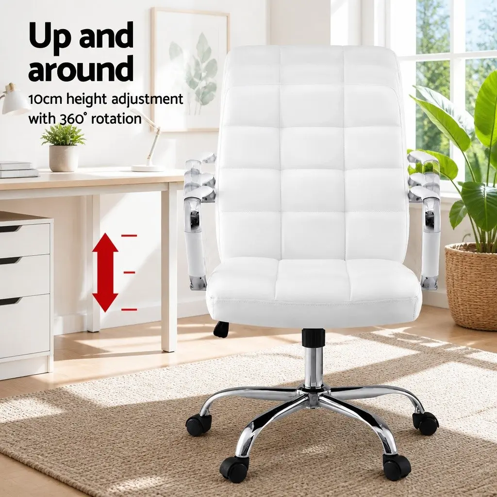 Office Chair White PU Leather Mid-Back Ergonomic Computer Desk Seat