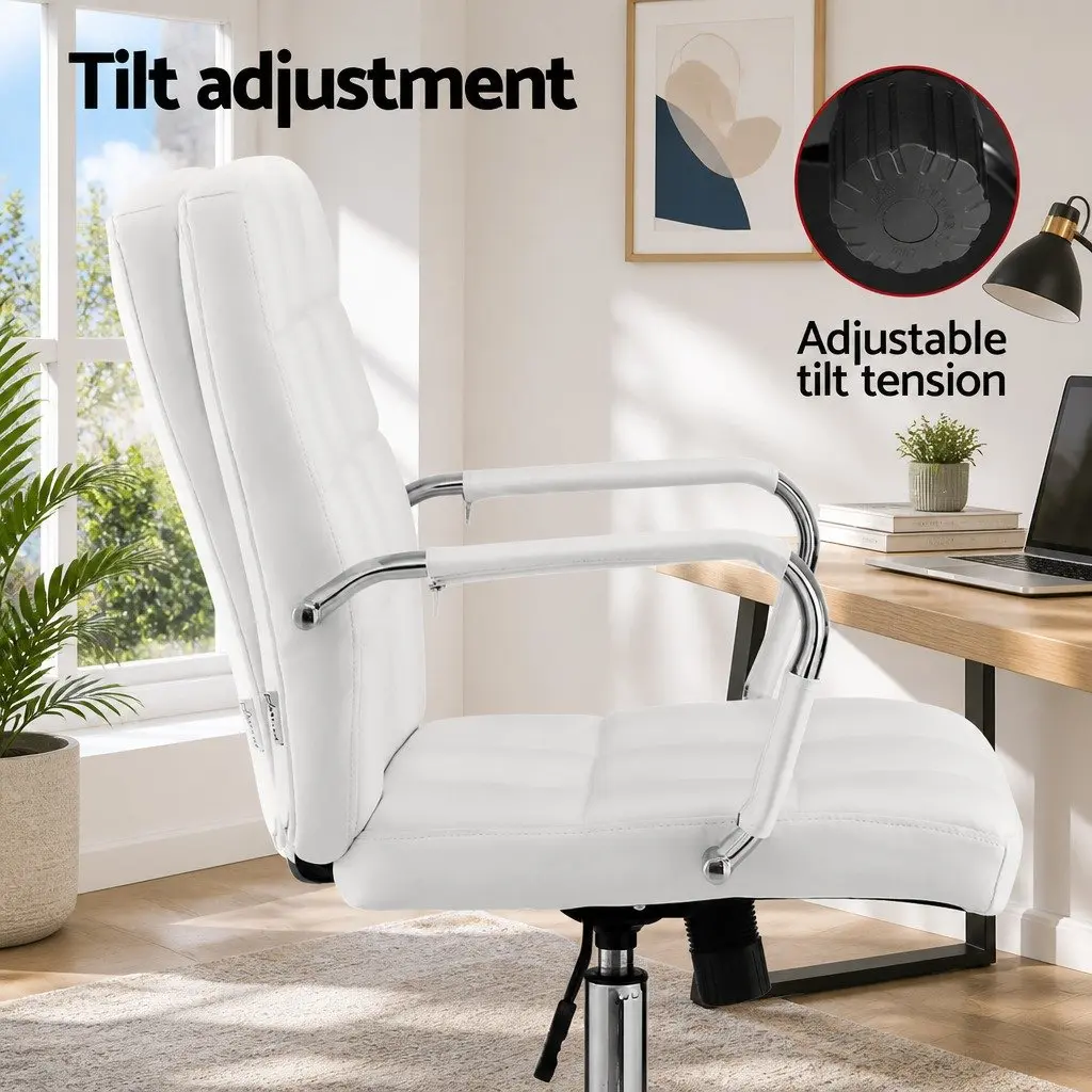 Office Chair White PU Leather Mid-Back Ergonomic Computer Desk Seat