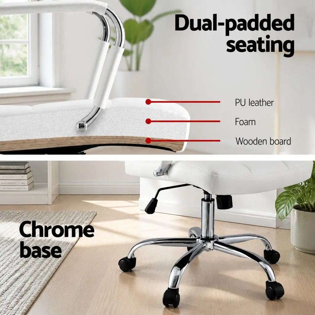 Office Chair White PU Leather Mid-Back Ergonomic Computer Desk Seat