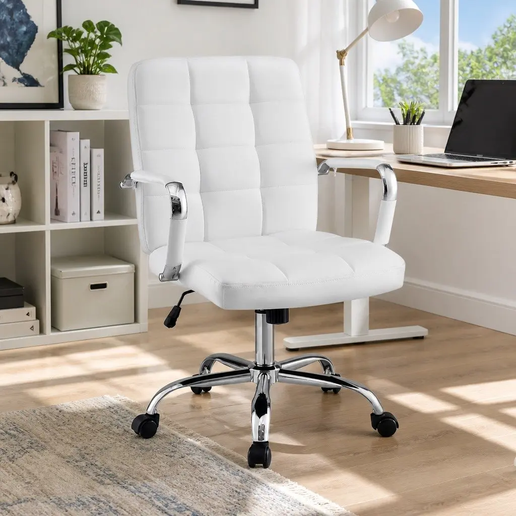 Office Chair White PU Leather Mid-Back Ergonomic Computer Desk Seat
