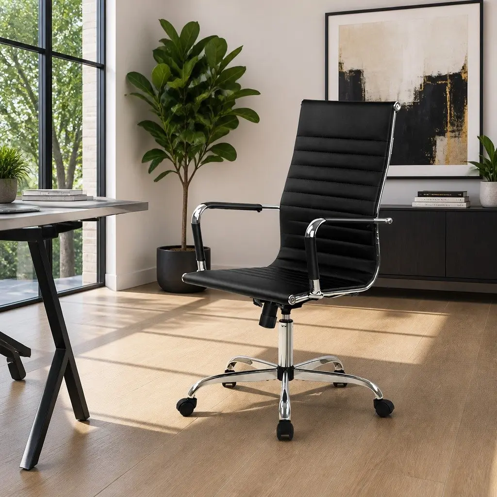 Office Chair High Back Swivel Black PU Leather