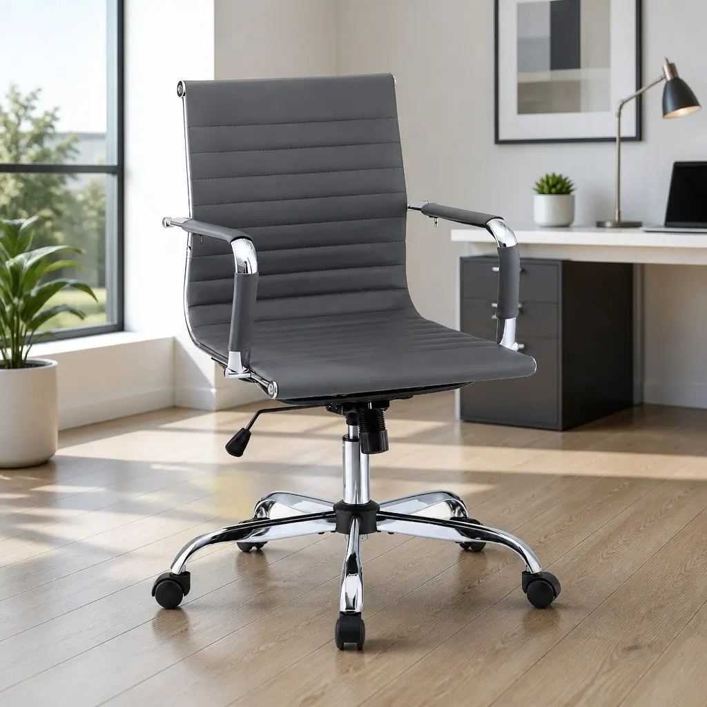 Mid Back Grey PU Leather Executive Desk Chair