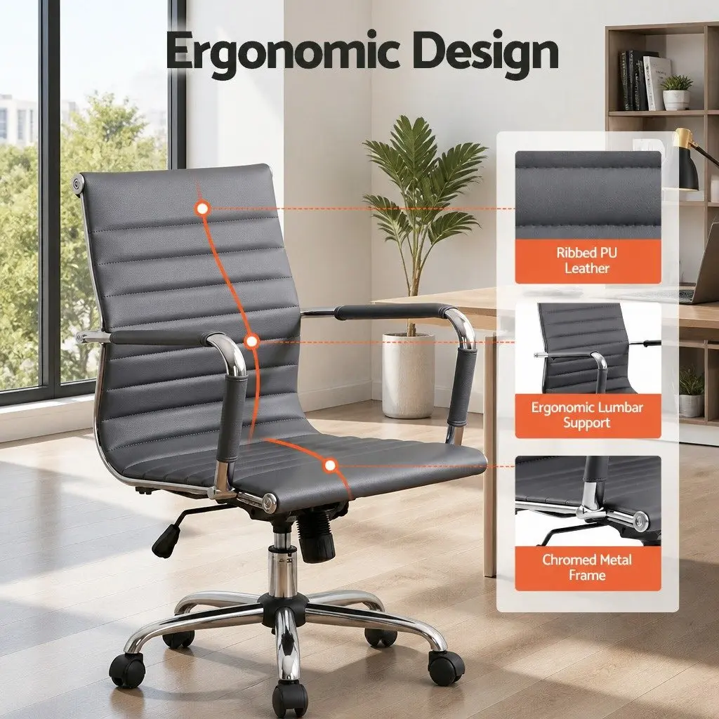 Mid Back Grey PU Leather Executive Desk Chair