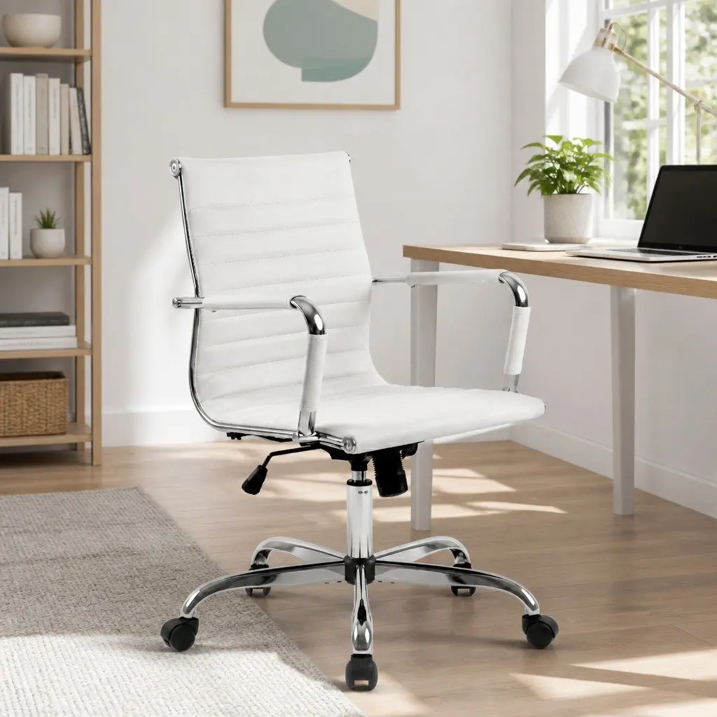 Mid Back Office Chair White PU Leather Swivel Desk Seating with Height and Tilt Adjustment