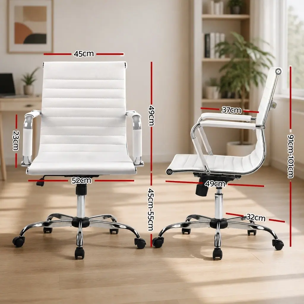 Mid Back Office Chair White PU Leather Swivel Desk Seating with Height and Tilt Adjustment