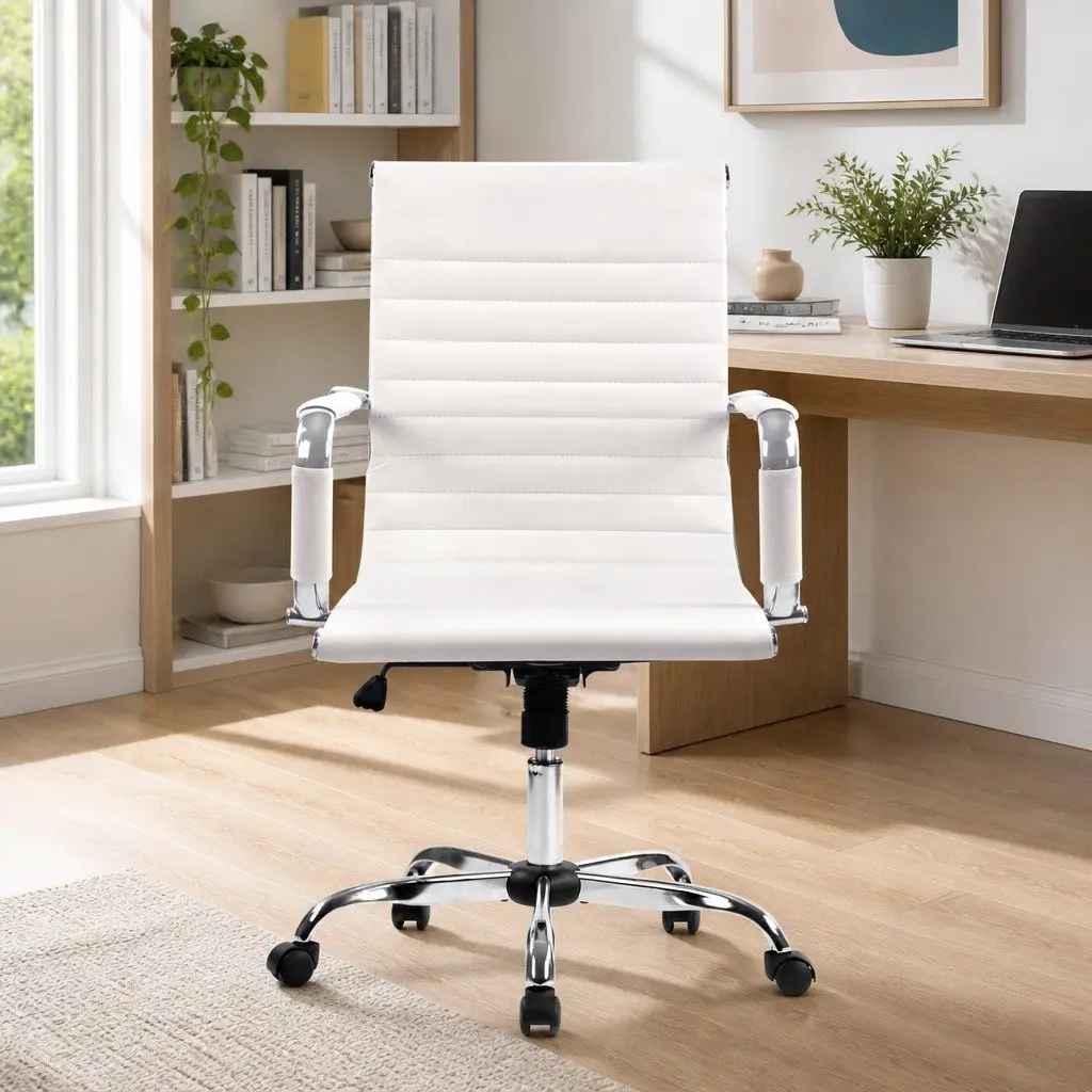 Mid Back Office Chair White PU Leather Swivel Desk Seating with Height and Tilt Adjustment