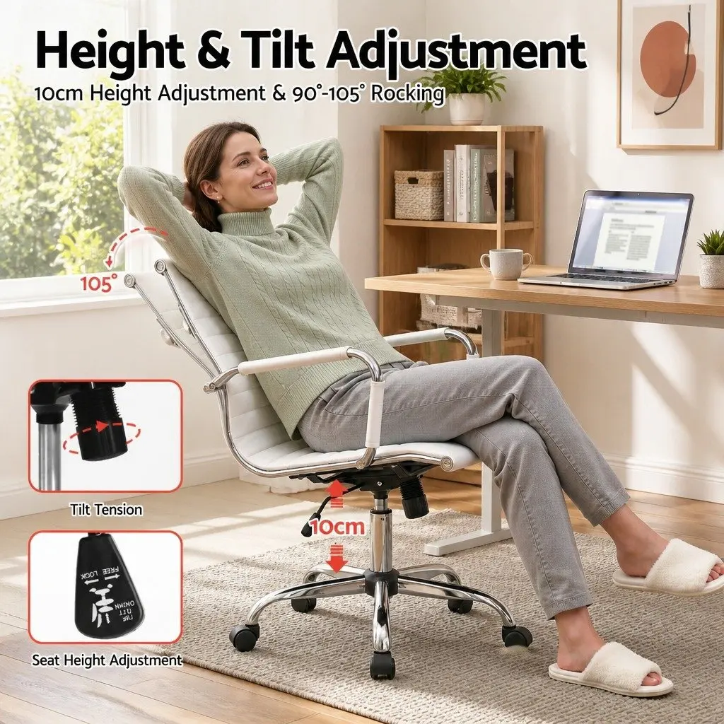 Mid Back Office Chair White PU Leather Swivel Desk Seating with Height and Tilt Adjustment