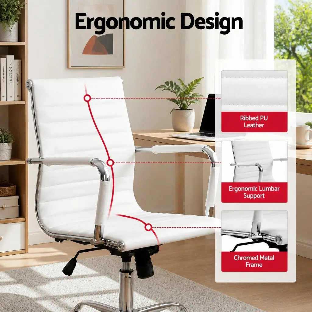 Mid Back Office Chair White PU Leather Swivel Desk Seating with Height and Tilt Adjustment