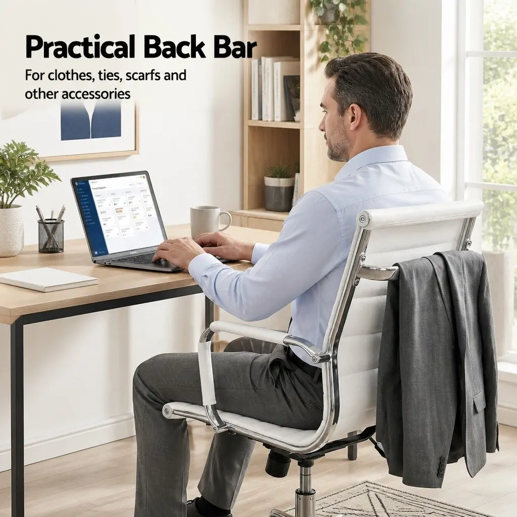 Mid Back Office Chair White PU Leather Swivel Desk Seating with Height and Tilt Adjustment