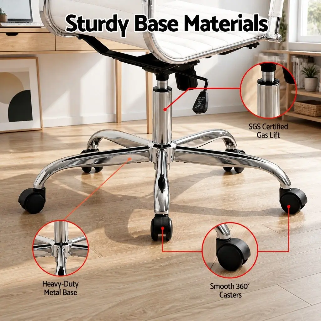 Mid Back Office Chair White PU Leather Swivel Desk Seating with Height and Tilt Adjustment