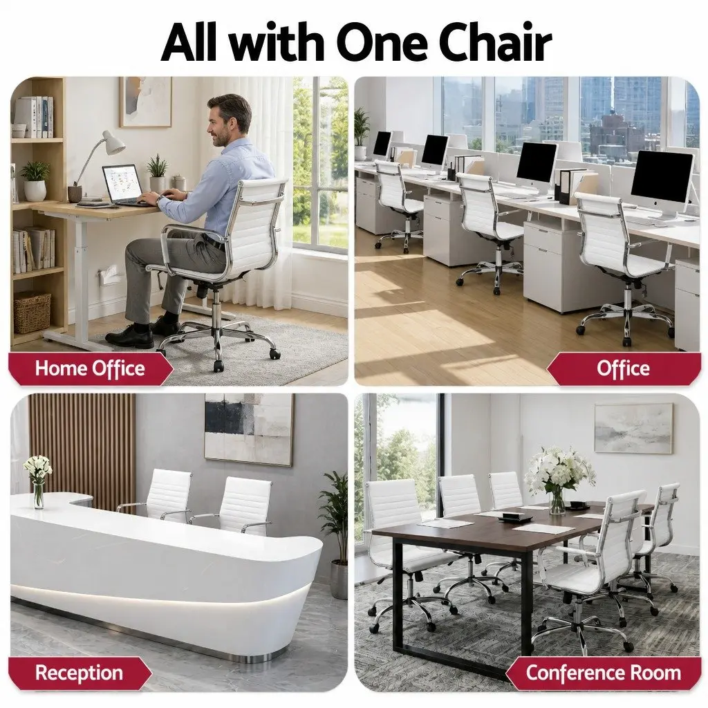 Mid Back Office Chair White PU Leather Swivel Desk Seating with Height and Tilt Adjustment