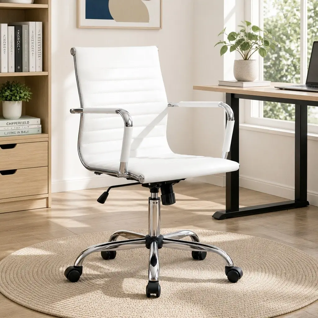Mid Back Office Chair White PU Leather Swivel Desk Seating with Height and Tilt Adjustment