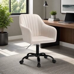 Cream Velvet Mid Back Swivel Office Chair with Castors