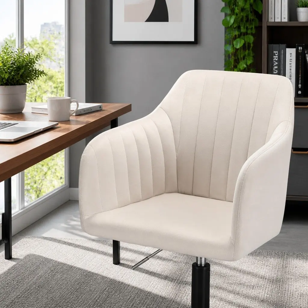 Cream Velvet Mid Back Swivel Office Chair with Castors