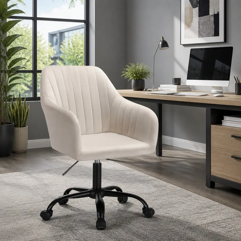 Cream Velvet Mid Back Swivel Office Chair with Castors