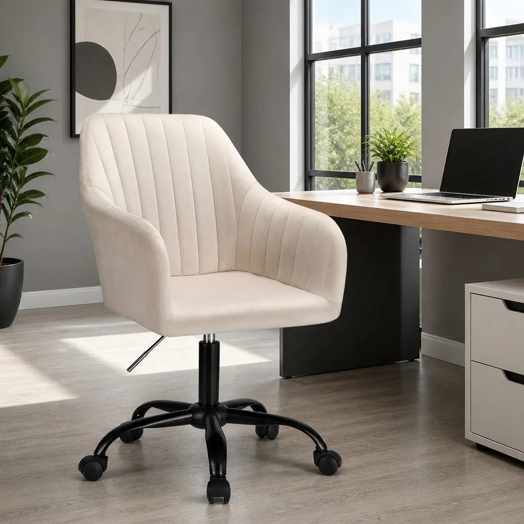 Cream Velvet Mid Back Swivel Office Chair with Castors