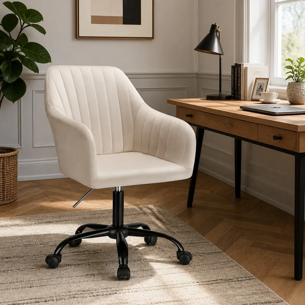 Cream Velvet Mid Back Swivel Office Chair with Castors