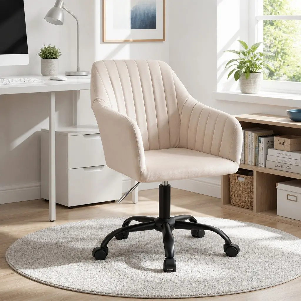 Cream Velvet Mid Back Swivel Office Chair with Castors
