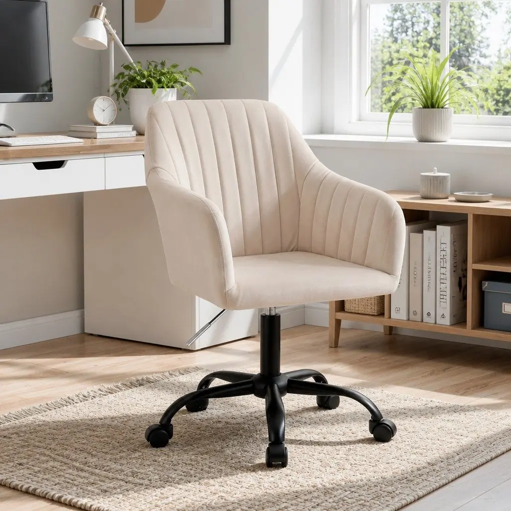 Cream Velvet Mid Back Swivel Office Chair with Castors