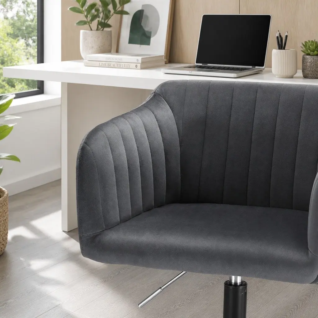 Office Chair Dark Grey Velvet Mid Back Swivel Adjustable Height