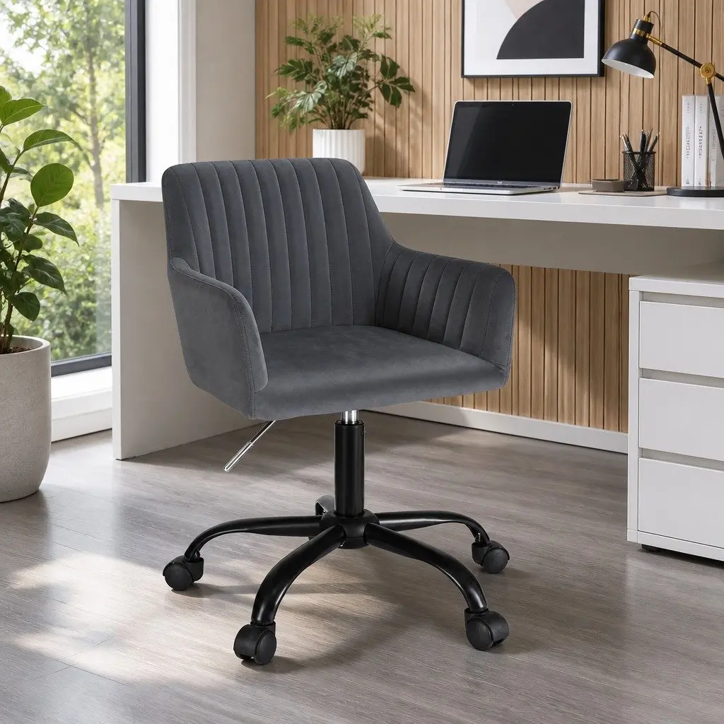 Office Chair Dark Grey Velvet Mid Back Swivel Adjustable Height