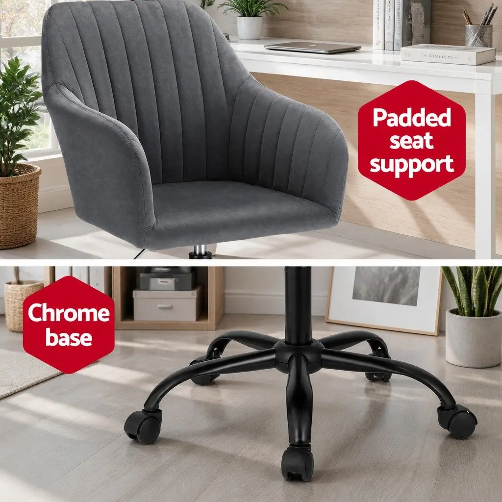 Office Chair Dark Grey Velvet Mid Back Swivel Adjustable Height