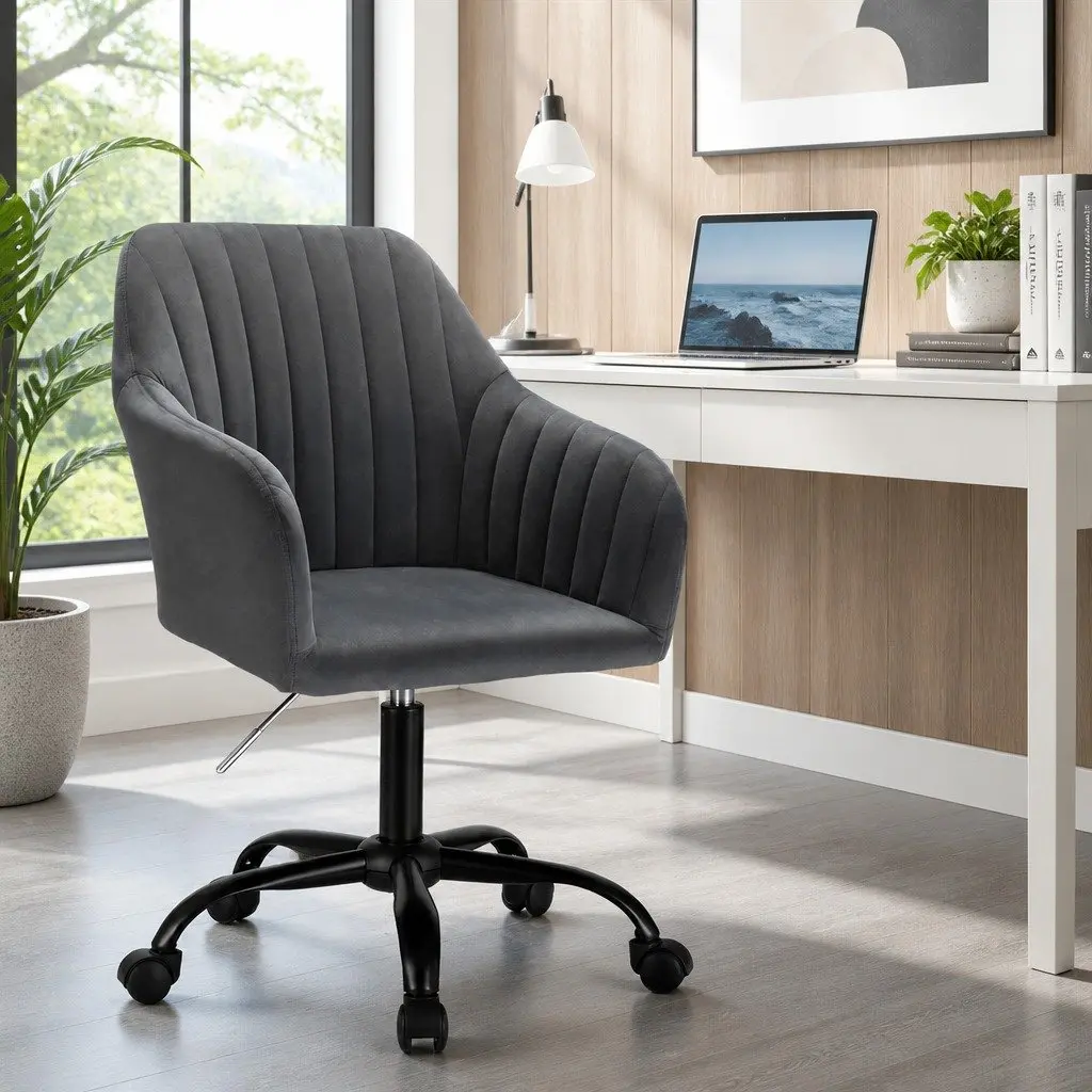 Office Chair Dark Grey Velvet Mid Back Swivel Adjustable Height
