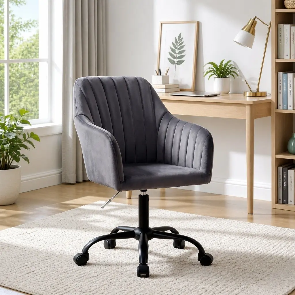Office Chair Dark Grey Velvet Mid Back Swivel Adjustable Height
