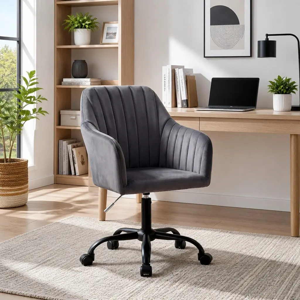 Office Chair Dark Grey Velvet Mid Back Swivel Adjustable Height
