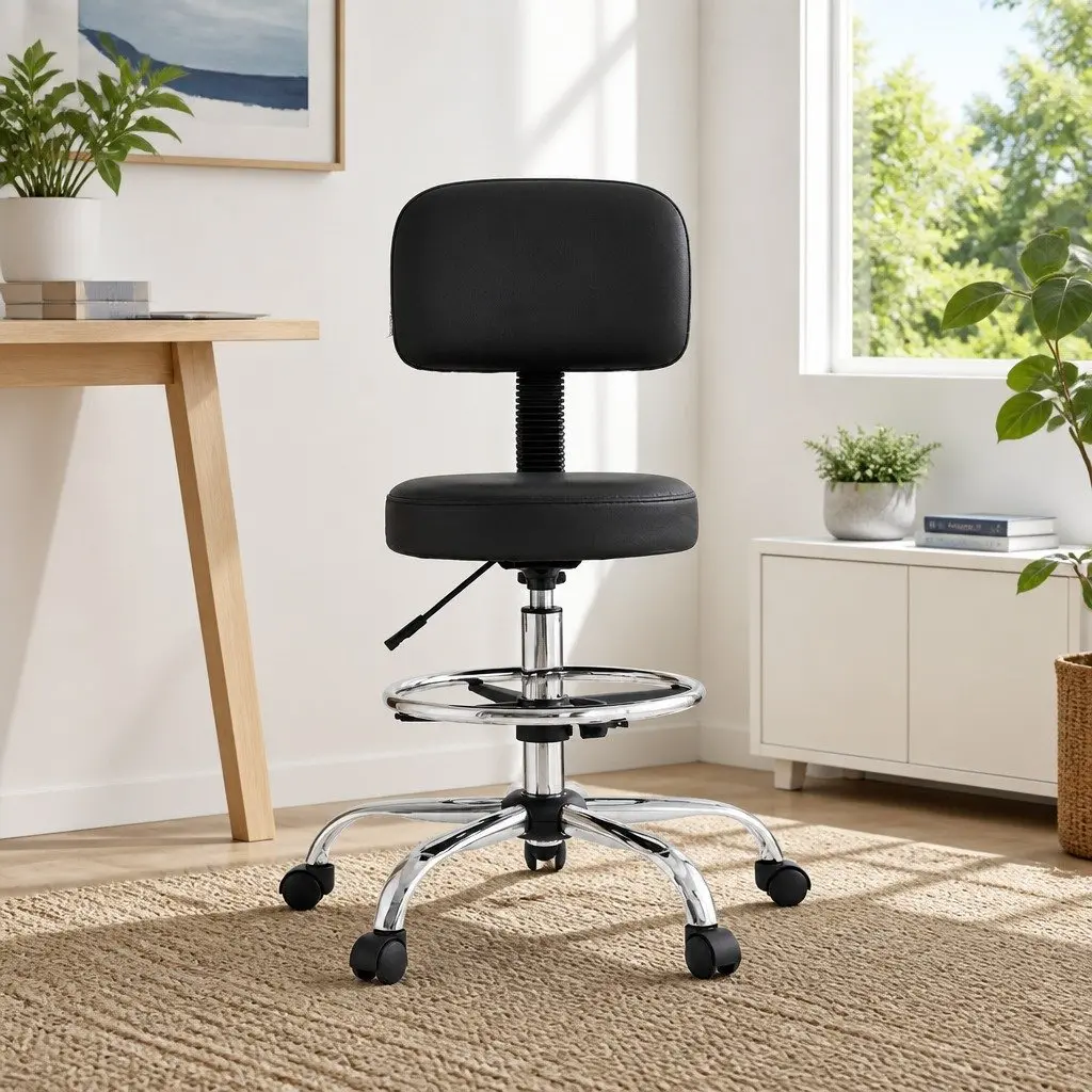 Office Drafting Chair Ergonomic Black PU Leather 70-90cm Height Adjustable Swivel Chrome Base