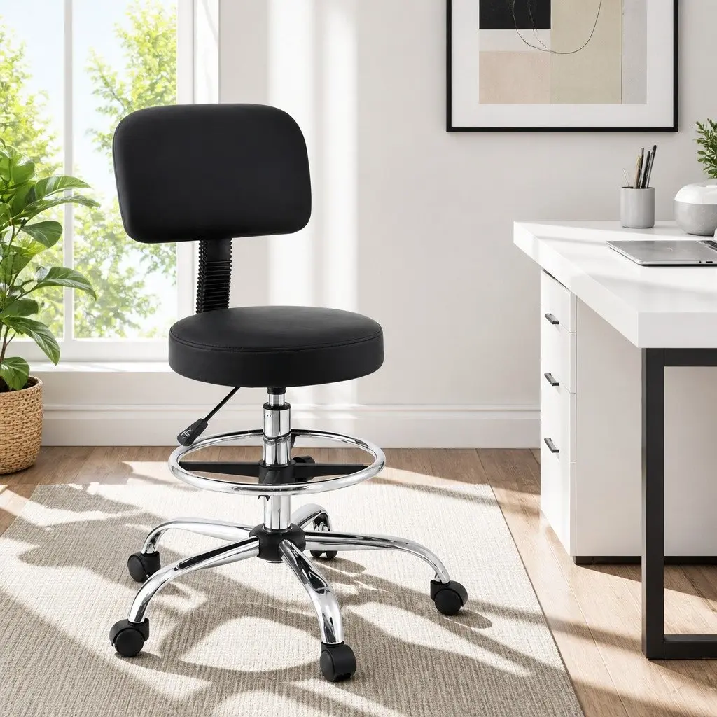 Office Drafting Chair Ergonomic Black PU Leather 70-90cm Height Adjustable Swivel Chrome Base