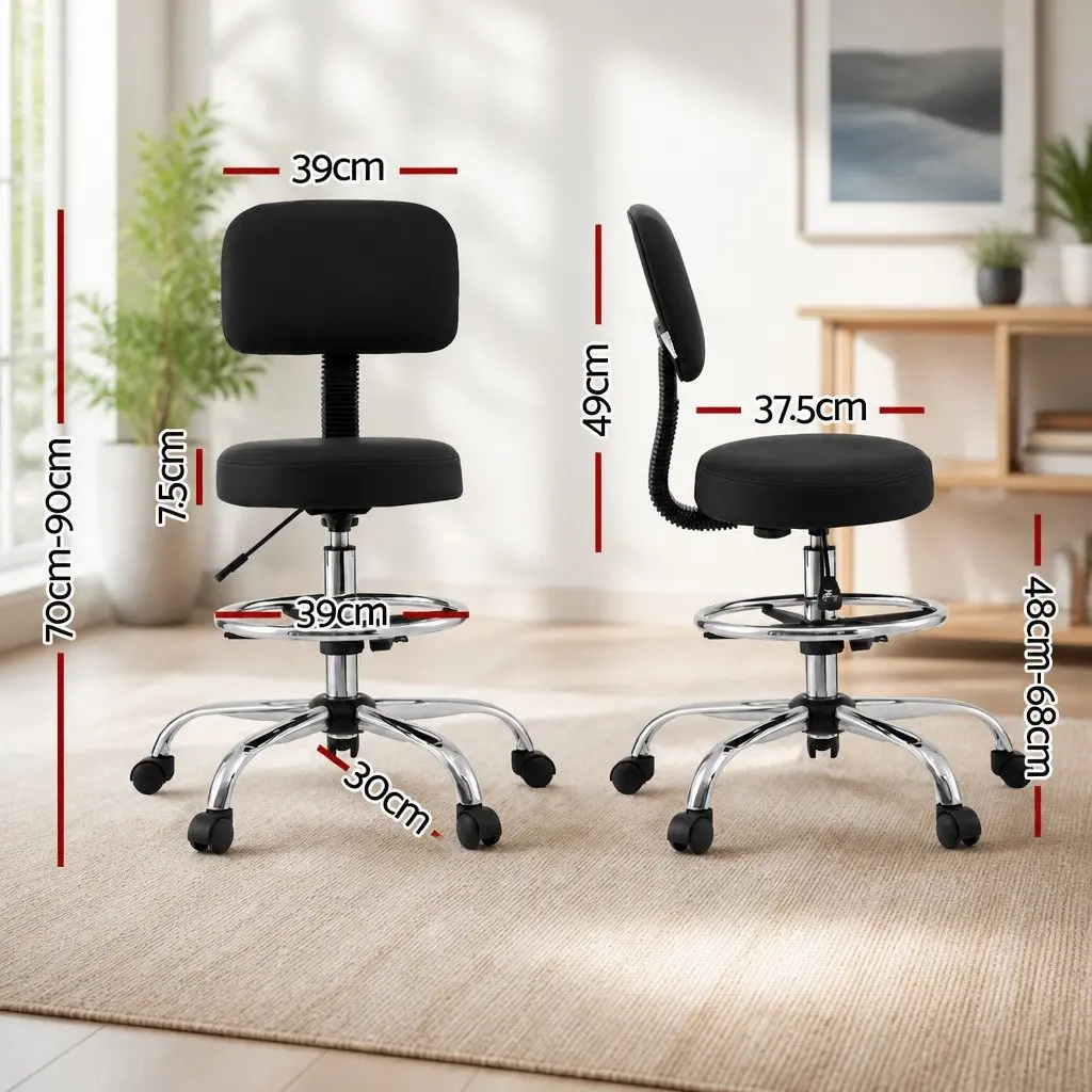 Office Drafting Chair Ergonomic Black PU Leather 70-90cm Height Adjustable Swivel Chrome Base