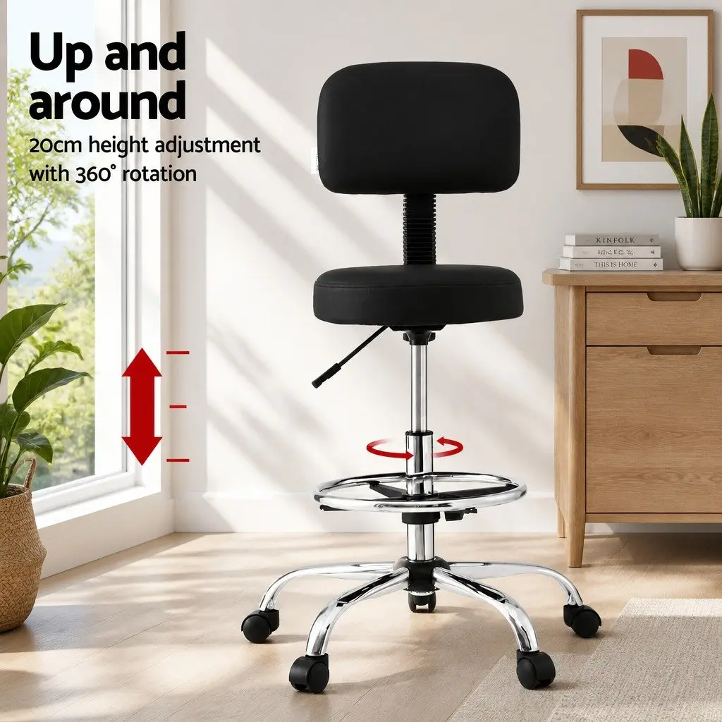 Office Drafting Chair Ergonomic Black PU Leather 70-90cm Height Adjustable Swivel Chrome Base