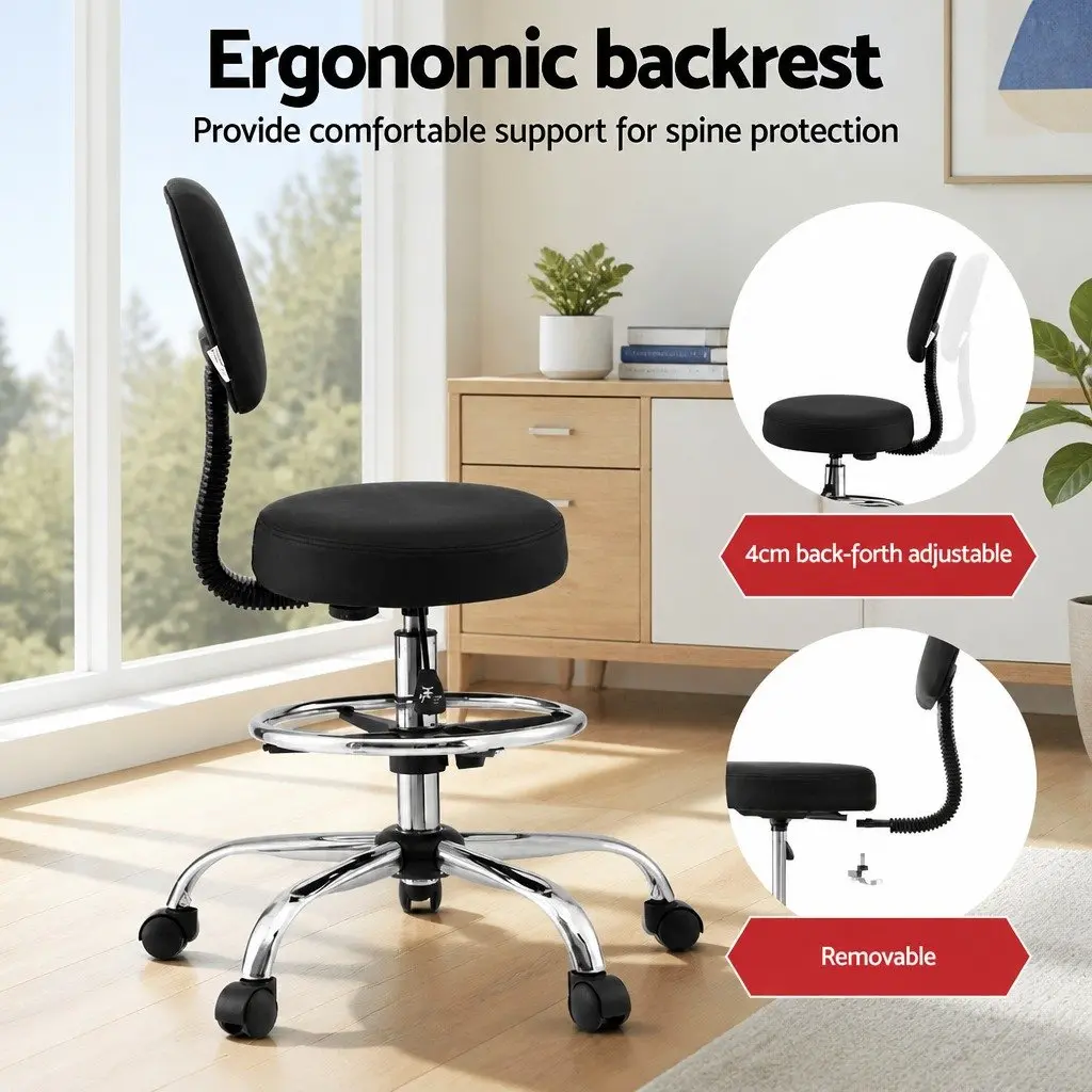 Office Drafting Chair Ergonomic Black PU Leather 70-90cm Height Adjustable Swivel Chrome Base