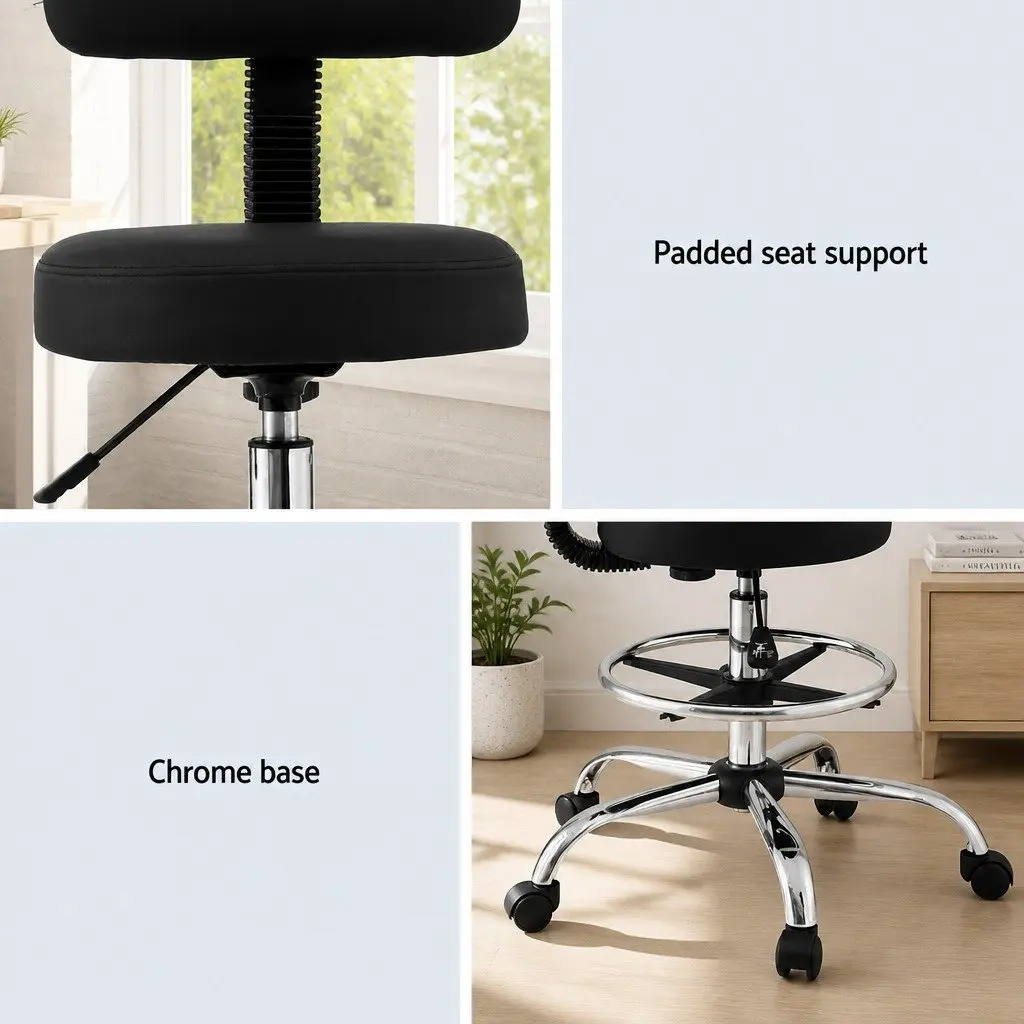 Office Drafting Chair Ergonomic Black PU Leather 70-90cm Height Adjustable Swivel Chrome Base