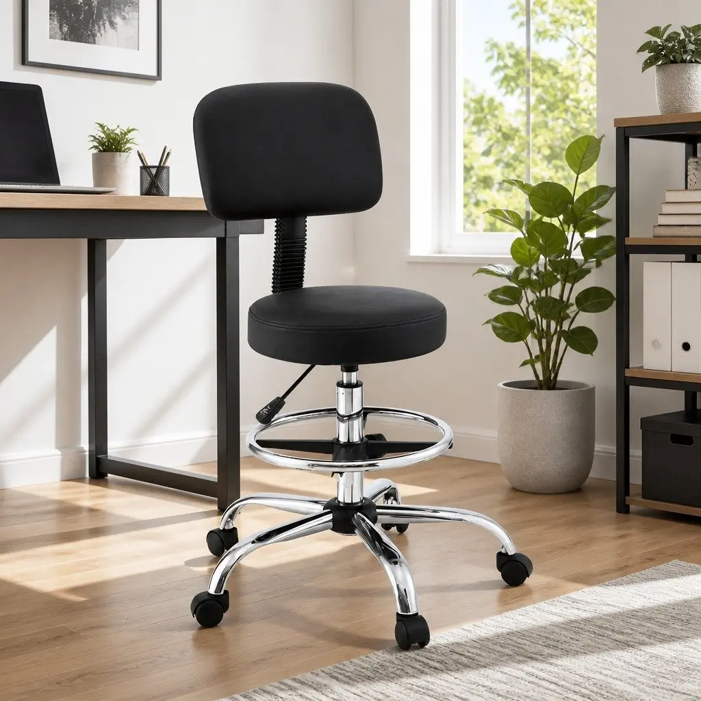 Office Drafting Chair Ergonomic Black PU Leather 70-90cm Height Adjustable Swivel Chrome Base