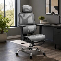 Grey High Back Ergonomic Office Chair with Footrest