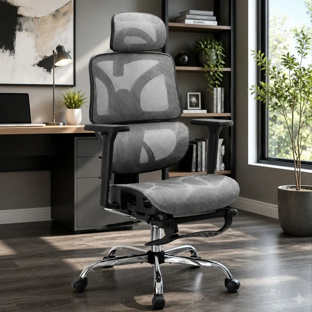 Grey High Back Ergonomic Office Chair with Footrest