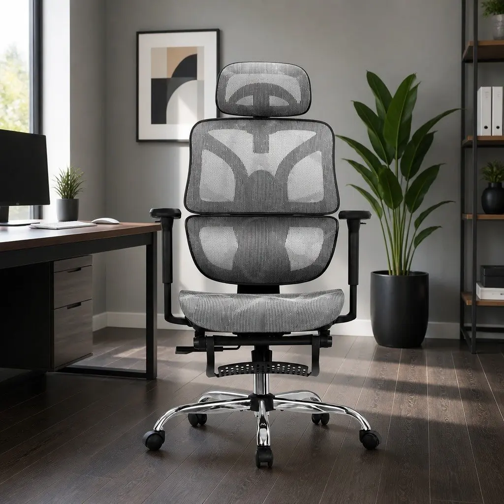 Grey High Back Ergonomic Office Chair with Footrest