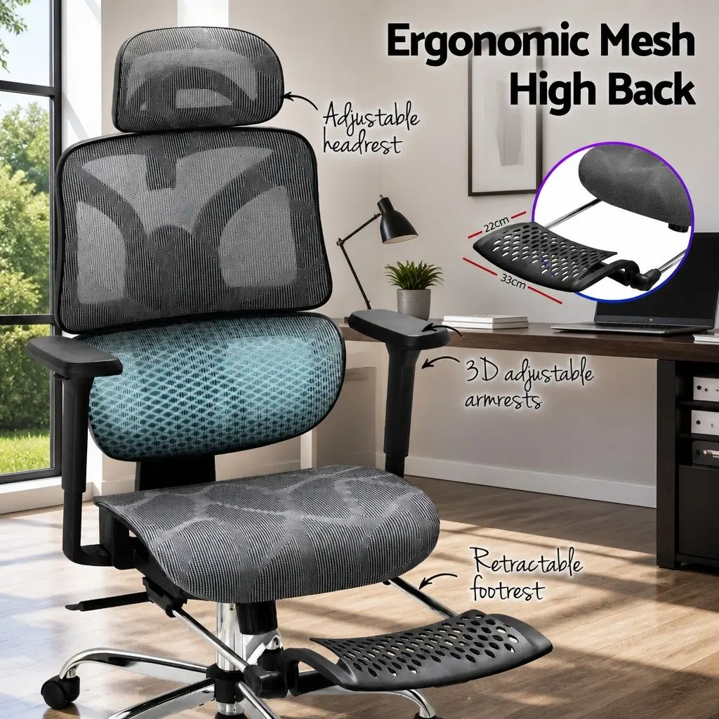 Grey High Back Ergonomic Office Chair with Footrest