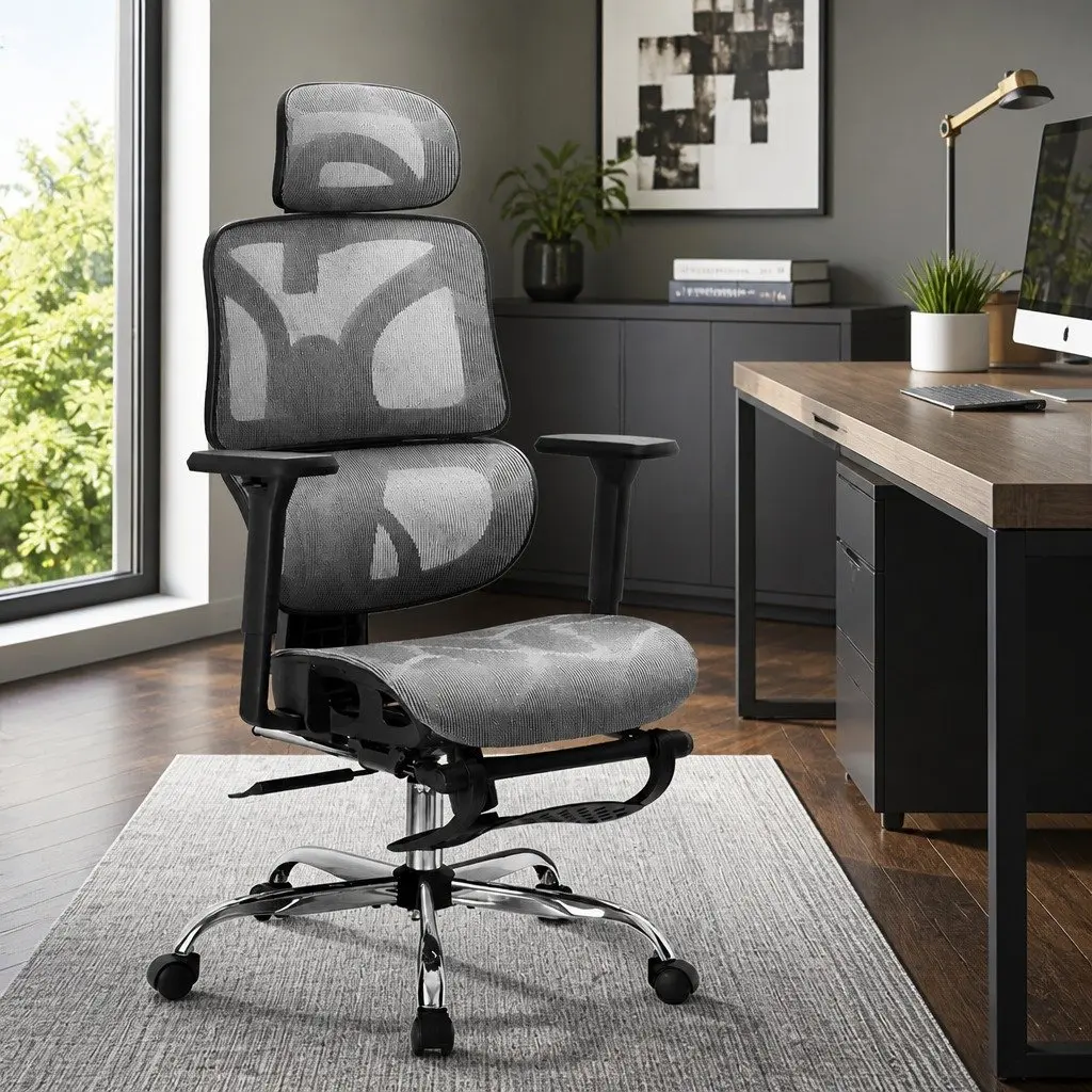 Grey High Back Ergonomic Office Chair with Footrest