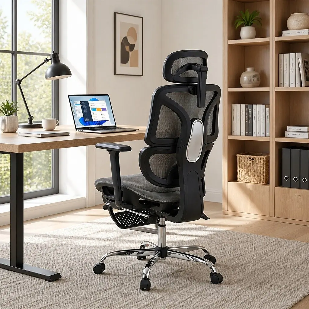 Grey High Back Ergonomic Office Chair with Footrest