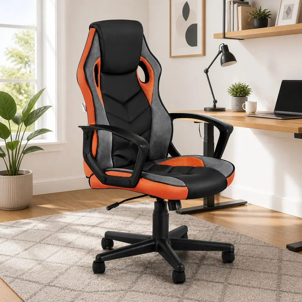 Gaming Office Chair High Back Orange PU Leather and Mesh Adjustable